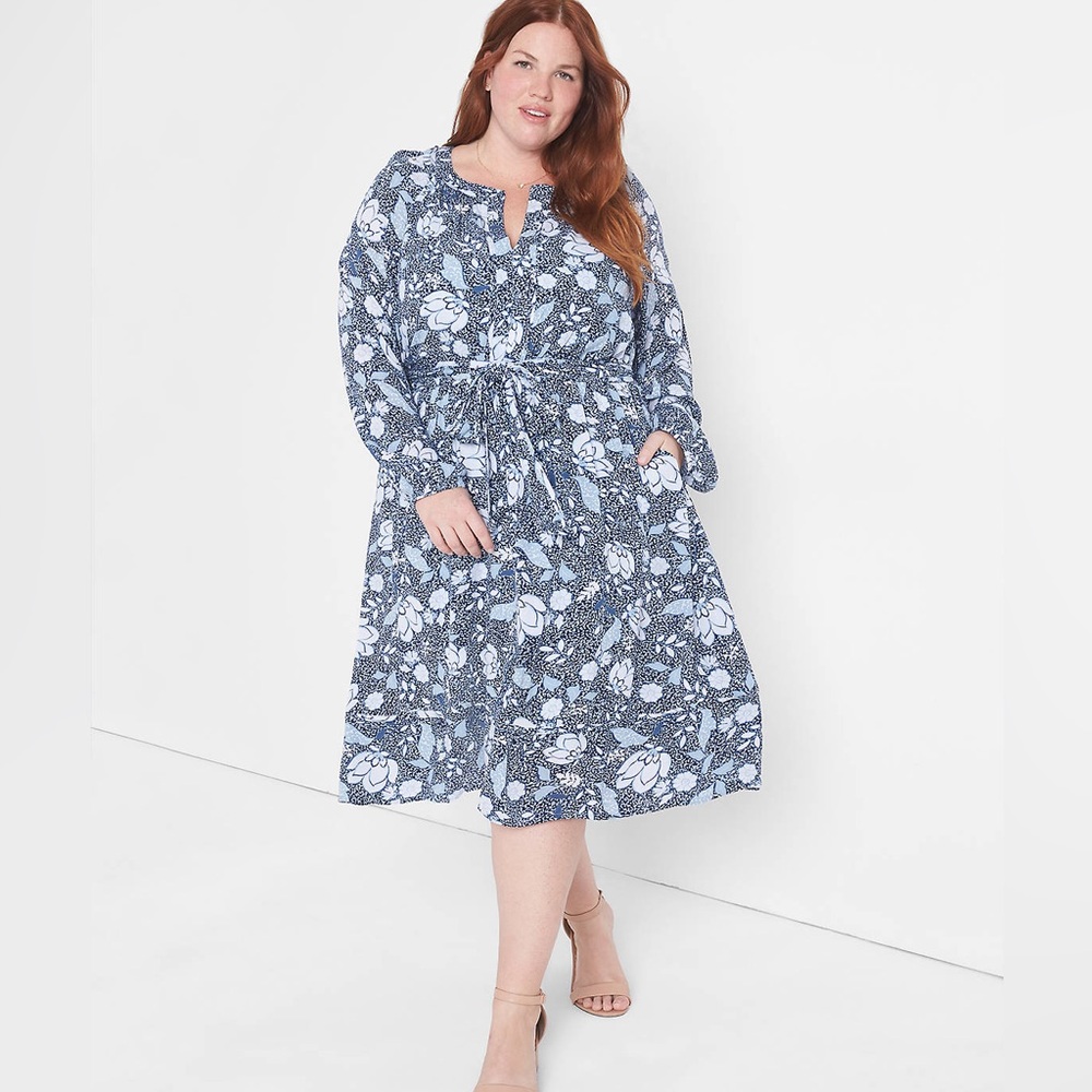NWT Lane Bryant Navy Floral Long Sleeve Fit and Flare Midi Dress 20 Preppy Party
